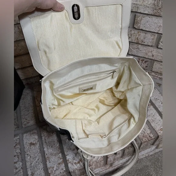 Badgley Mischka Ivory and Black Leather Tote Bag Silver Hardware Satchel - Picture 6 of 13